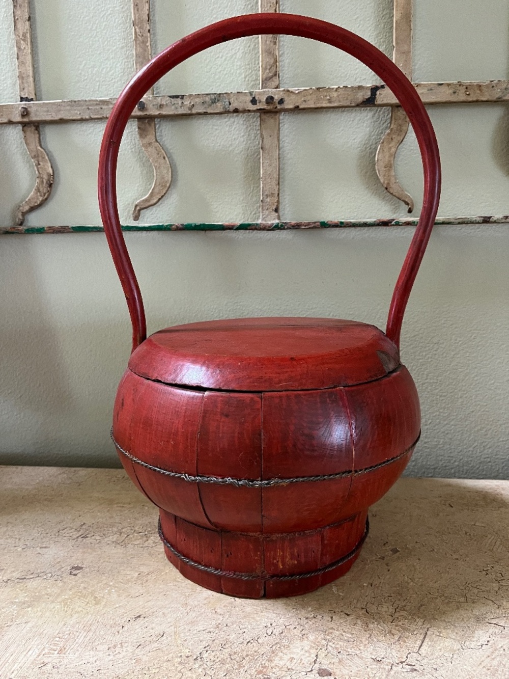 Antique Red Lacquer Chinese Wood Wedding Basket